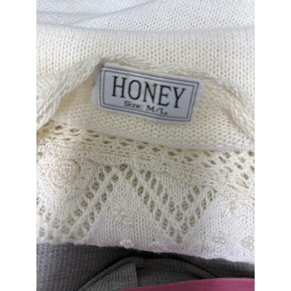 VTG HONEY Sweater PullOver Cotton Blend Knit Embroidered Crochet Long Sleeve M/L - Picture 4 of 6